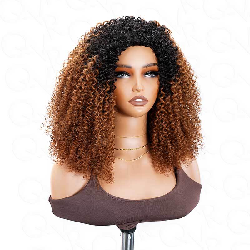 QVR Glueless Ombre Brown Kinky Curly Half Wig with Black Roots 250% Density Human Hair Wig #T1B/30 Wear Go Flip Over Wig - Image 7