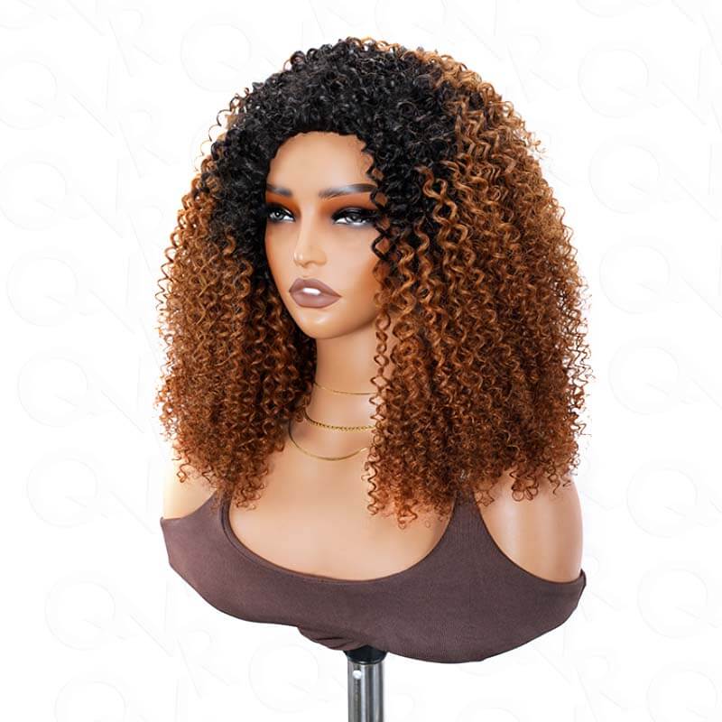 QVR Glueless Ombre Brown Kinky Curly Half Wig with Black Roots 250% Density Human Hair Wig #T1B/30 Wear Go Flip Over Wig - Image 8