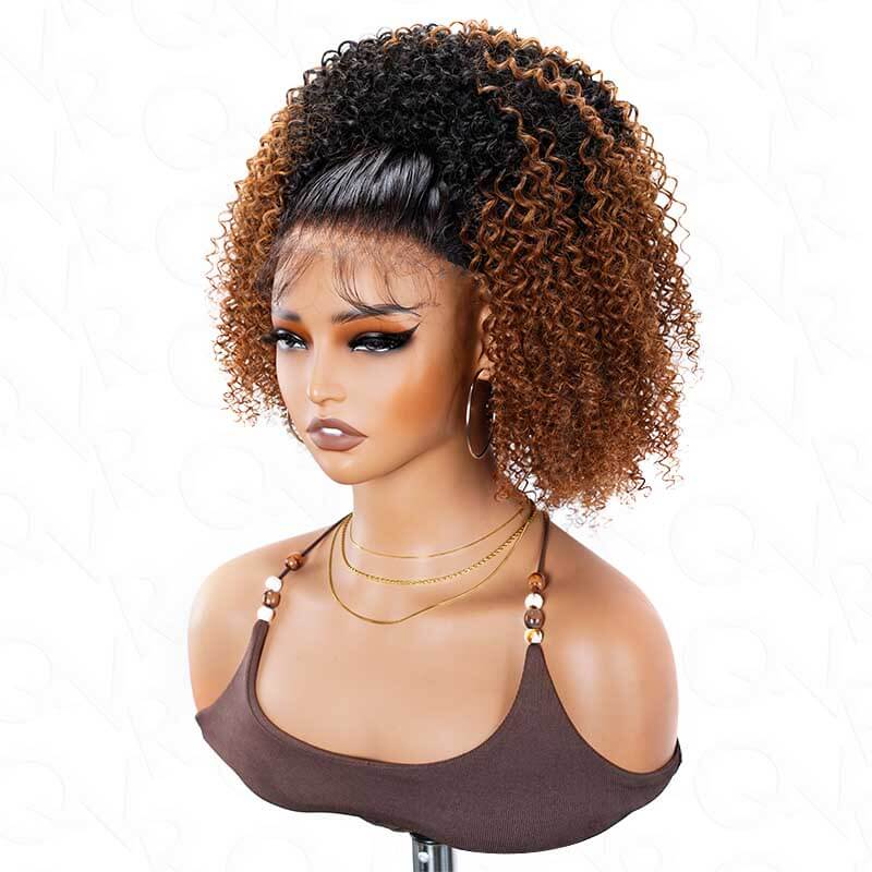 QVR Glueless Ombre Brown Kinky Curly Half Wig with Black Roots 250% Density Human Hair Wig #T1B/30 Wear Go Flip Over Wig - Image 9
