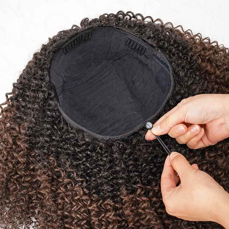 QVR Glueless Dark Brown Kinky Curly Half Wig with Black Roots 250% Density Human Hair Wig #T1B/4 Wear Go Flip Over Wig - Image 5