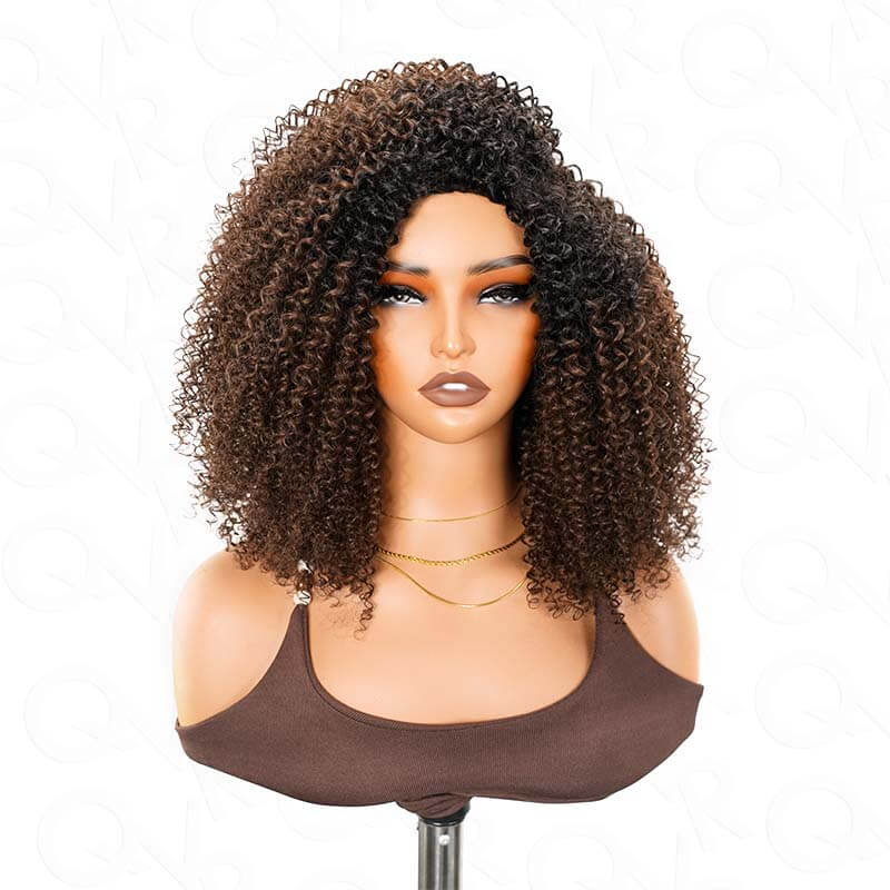 QVR Glueless Dark Brown Kinky Curly Half Wig with Black Roots 250% Density Human Hair Wig #T1B/4 Wear Go Flip Over Wig - Image 6