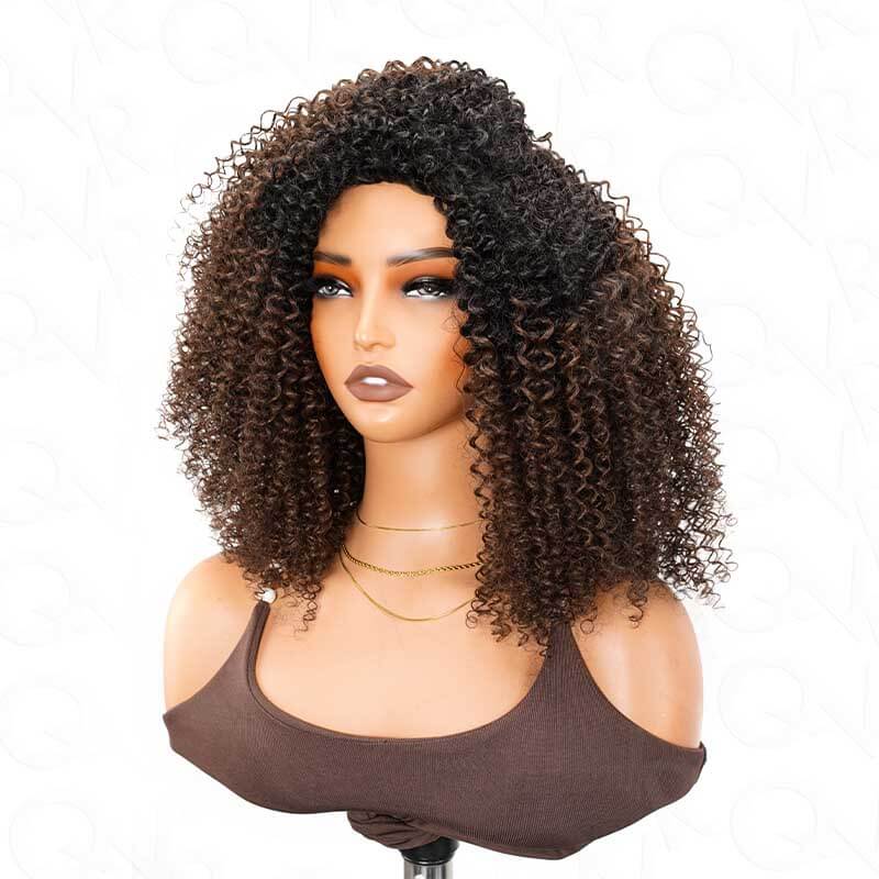 QVR Glueless Dark Brown Kinky Curly Half Wig with Black Roots 250% Density Human Hair Wig #T1B/4 Wear Go Flip Over Wig - Image 7
