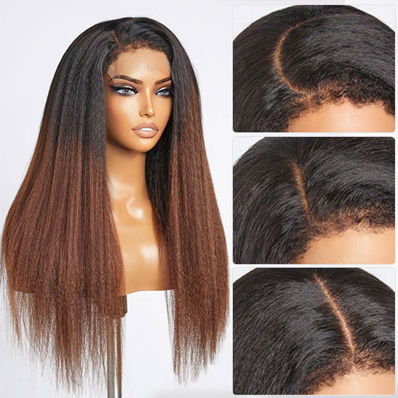 QVR Glueless Curly Edges Kinky Straight 5x5 Lace Closure Human Hair Wigs Black To Brown Ombre Long Wigs - Image 3