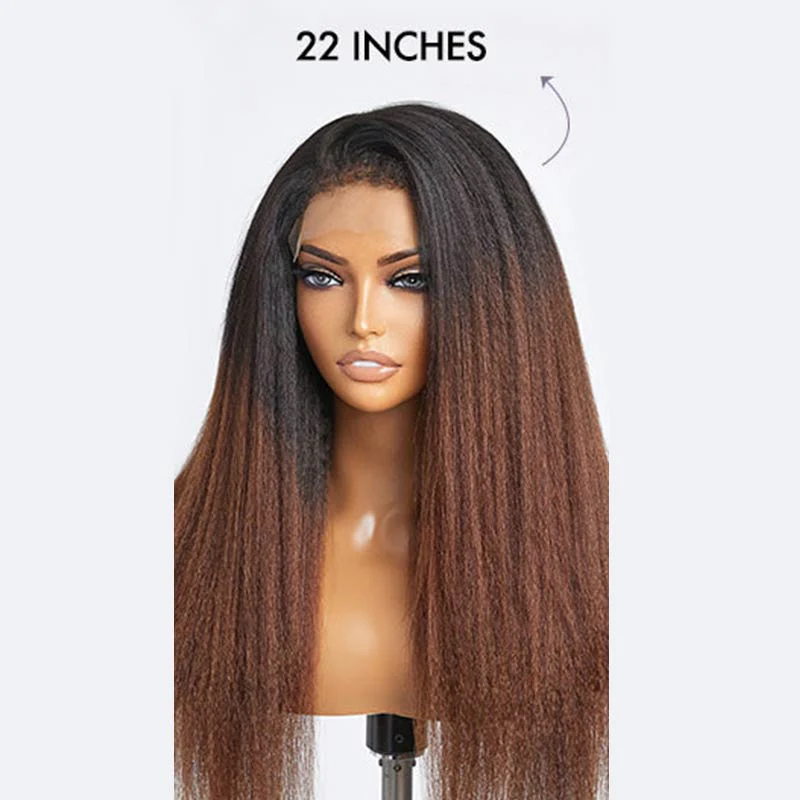 QVR Glueless Curly Edges Kinky Straight 5x5 Lace Closure Human Hair Wigs Black To Brown Ombre Long Wigs - Image 7