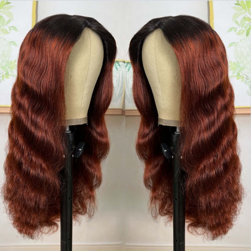 QVR Glueless Ombre Reddish Brown Color Glueless V Part Body Wave Wigs 1B/33 Human Hair Wigs WIth Dark Roots - Image 3