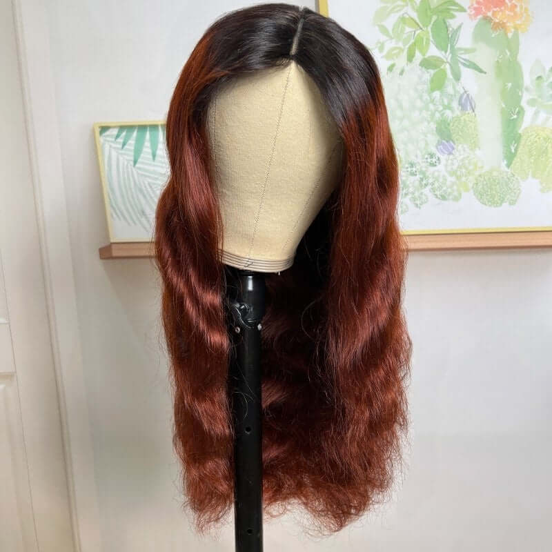 QVR Glueless Ombre Reddish Brown Color Glueless V Part Body Wave Wigs 1B/33 Human Hair Wigs WIth Dark Roots - Image 4