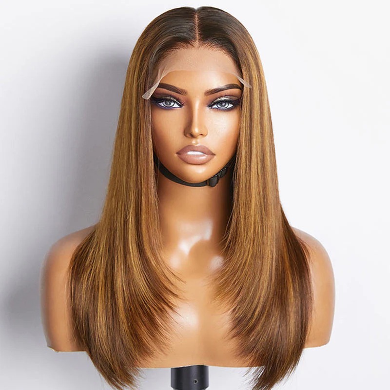 QVR Glueless Piano Highlight Straight 5x5 Lace Closure Wig Layered Cut Human Hair Brown Mix Blonde Wigs - Image 4