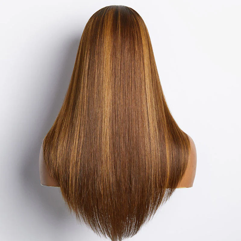QVR Glueless Piano Highlight Straight 5x5 Lace Closure Wig Layered Cut Human Hair Brown Mix Blonde Wigs - Image 5