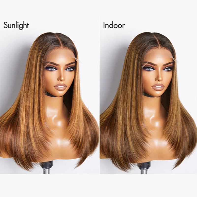 QVR Glueless Piano Highlight Straight 5x5 Lace Closure Wig Layered Cut Human Hair Brown Mix Blonde Wigs - Image 7