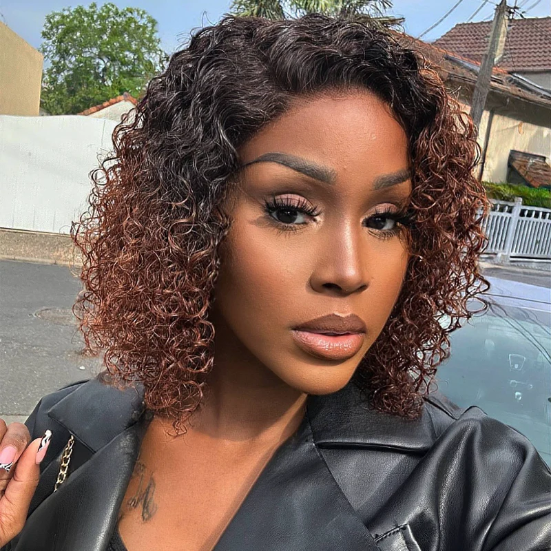 QVR Glueless Pre-cut 4X6 Lace Closure Side Part Wigs Short Bob Curly Mix Brown Human Hair Wigs - Image 3