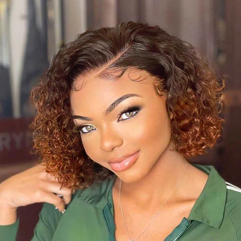 QVR Glueless Pre-cut 4X6 Lace Closure Side Part Wigs Short Bob Curly Mix Brown Human Hair Wigs - Image 4