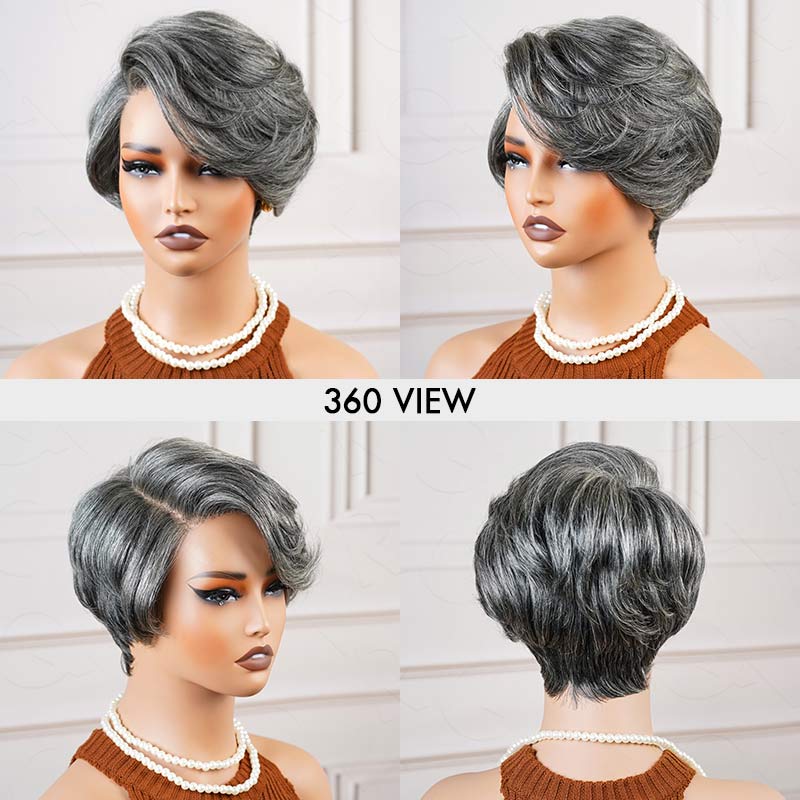 QVR Glueless Silver Grace Short Bob Wig Salt & Pepper Side-Swept Pixie Cut Wig Human Hair Wigs - Image 3