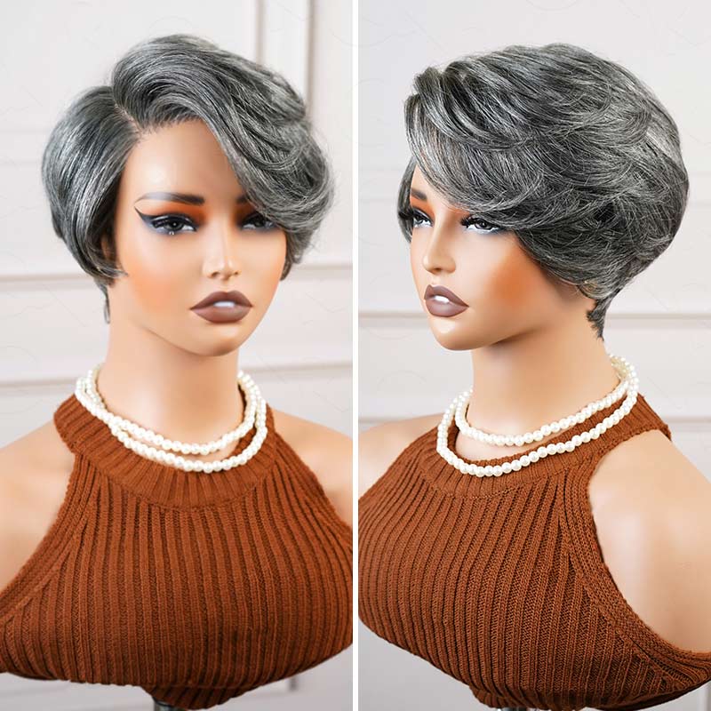 QVR Glueless Silver Grace Short Bob Wig Salt & Pepper Side-Swept Pixie Cut Wig Human Hair Wigs - Image 4