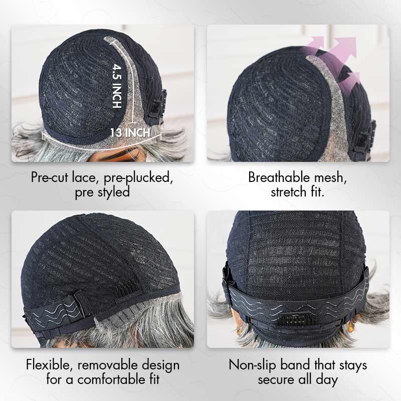 QVR Glueless Silver Grace Short Bob Wig Salt & Pepper Side-Swept Pixie Cut Wig Human Hair Wigs - Image 5