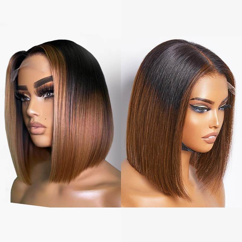 QVR Glueless Straight Ombre Brown Highlight Silky Blunt Cut 5x5 Lace Closure Short Bob Wigs - Image 3