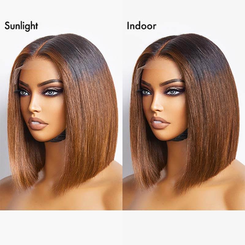 QVR Glueless Straight Ombre Brown Highlight Silky Blunt Cut 5x5 Lace Closure Short Bob Wigs - Image 4