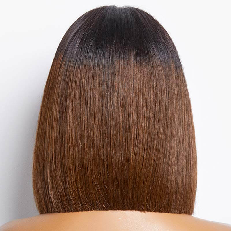 QVR Glueless Straight Ombre Brown Highlight Silky Blunt Cut 5x5 Lace Closure Short Bob Wigs - Image 5