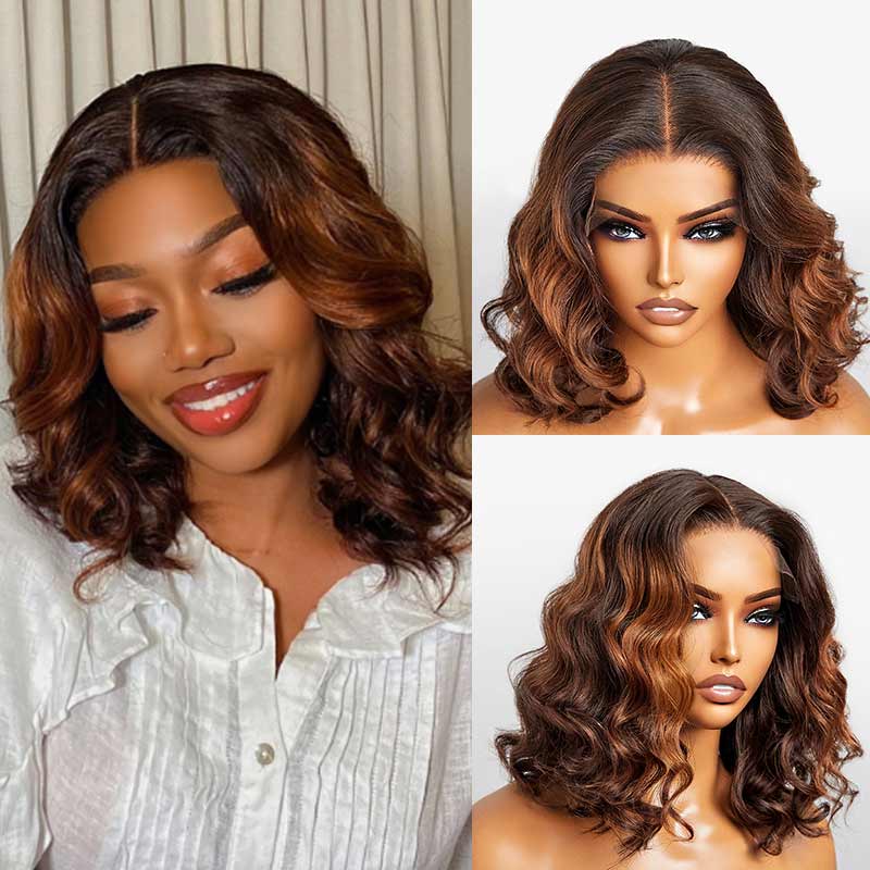 QVR Glueless Straight Ombre Brown Highlight Silky Blunt Cut 5x5 Lace Closure Short Bob Wigs - Image 6
