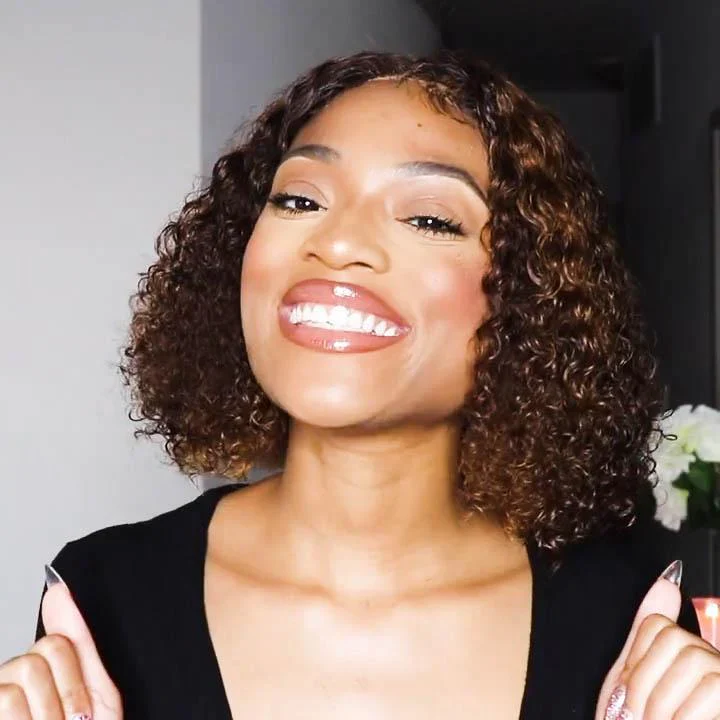 QVR Highlight Deep Curly Bob Human Hair Wigs Ombre Honey Brown 4x4 Lace Closure Wigs - Image 4