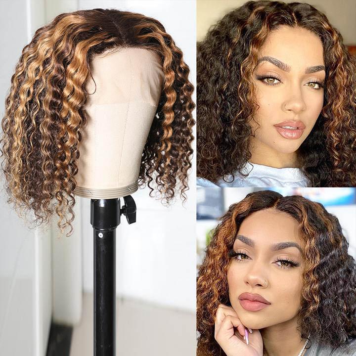 QVR Highlight Deep Curly Bob Human Hair Wigs Ombre Honey Brown 4x4 Lace Closure Wigs - Image 6