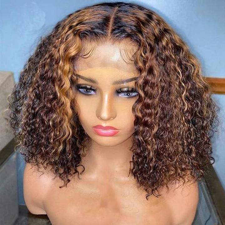 QVR Highlight Deep Curly Bob Human Hair Wigs Ombre Honey Brown 4x4 Lace Closure Wigs - Image 8