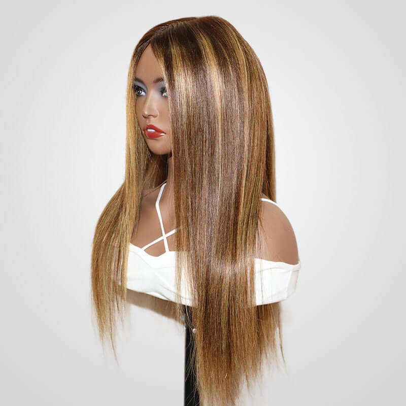 QVR Highlight V Part Wig Piano #4/27 Color Virgin Human Hair Soft Silky Straight Wigs - Image 4