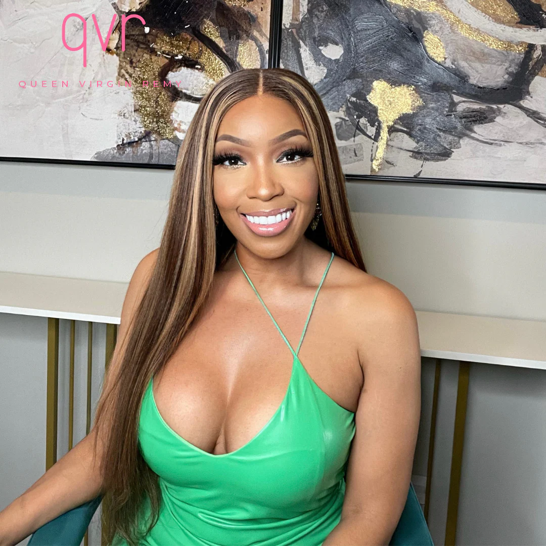 QVR Honey Blonde Highlight Straight 4x4 Lace Closure Wig Human Hair 13x4 Lace Front Wig - Image 3