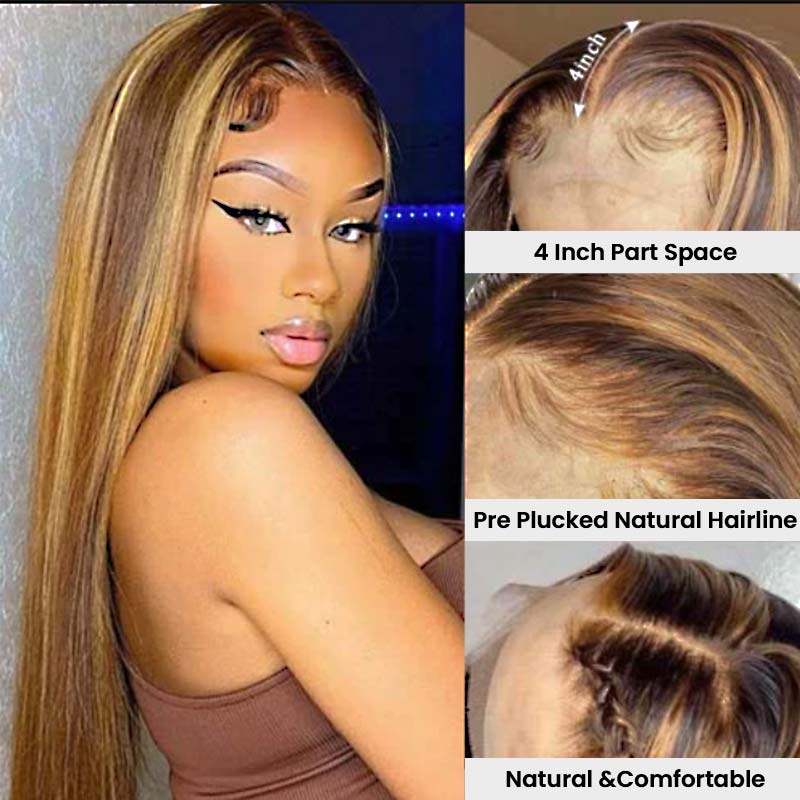 QVR Honey Blonde Highlight Straight 4x4 Lace Closure Wig Human Hair 13x4 Lace Front Wig - Image 4