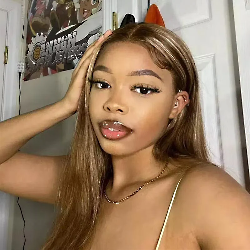 QVR Honey Blonde Highlight Straight 4x4 Lace Closure Wig Human Hair 13x4 Lace Front Wig - Image 6