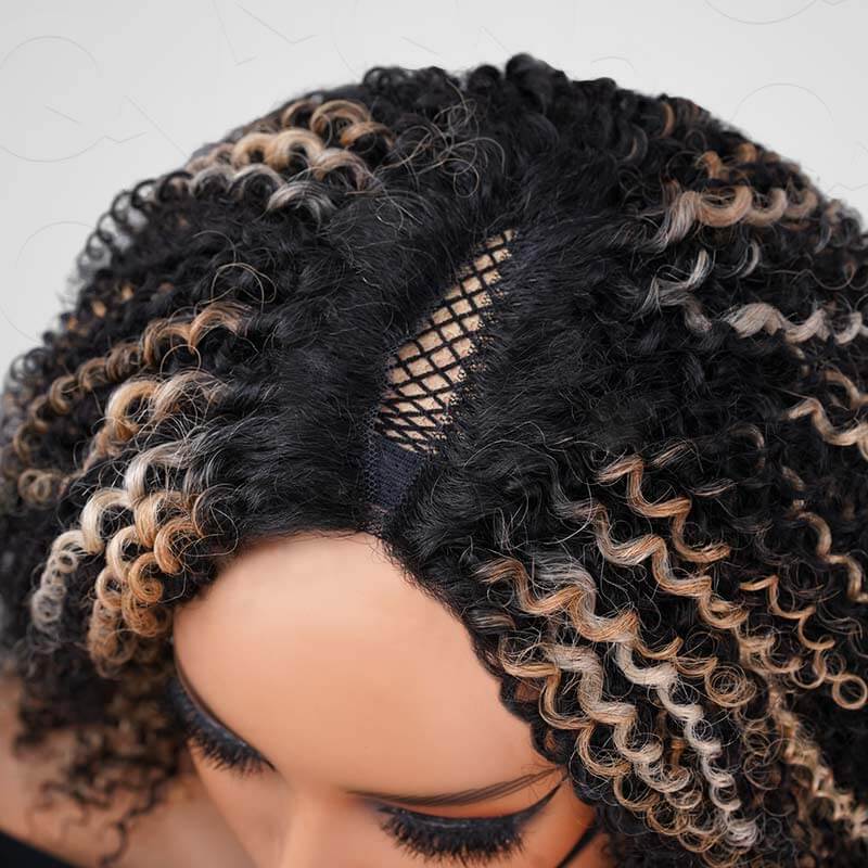 QVR Invisible Lace Edge Kinky Curly V Part Wigs Highlight #1B/27/613 No Leave Out Human Hair Wig - Image 10