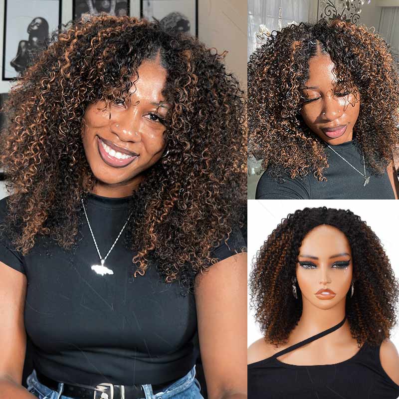 QVR Invisible Lace Edge Kinky Curly V Part Wigs Highlight #1B/27/613 No Leave Out Human Hair Wig - Image 14