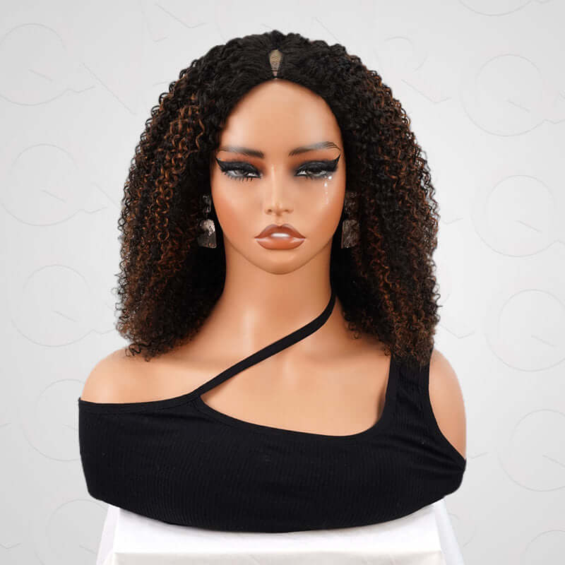 QVR Invisible Lace Edge Kinky Curly V Part Wigs Highlight #1B/27/613 No Leave Out Human Hair Wig - Image 15