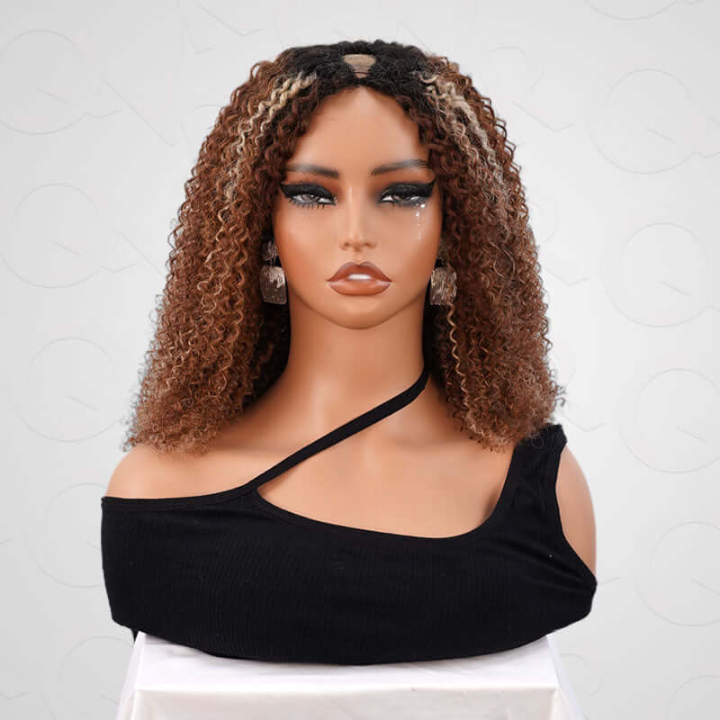 QVR Invisible Lace Edge Kinky Curly V Part Wigs Highlight #1B/27/613 No Leave Out Human Hair Wig - Image 17
