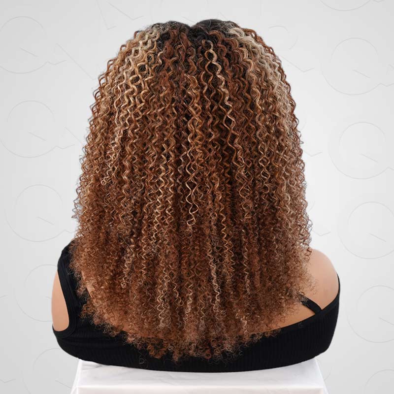 QVR Invisible Lace Edge Kinky Curly V Part Wigs Highlight #1B/27/613 No Leave Out Human Hair Wig - Image 18