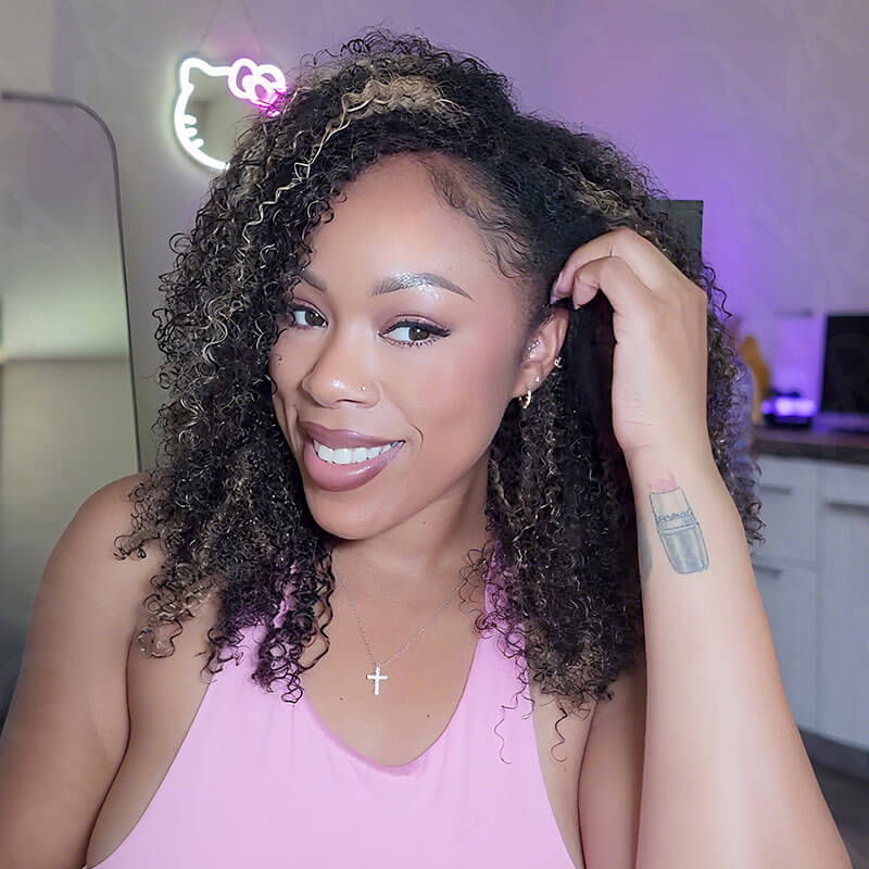 QVR Invisible Lace Edge Kinky Curly V Part Wigs Highlight #1B/27/613 No Leave Out Human Hair Wig - Image 3