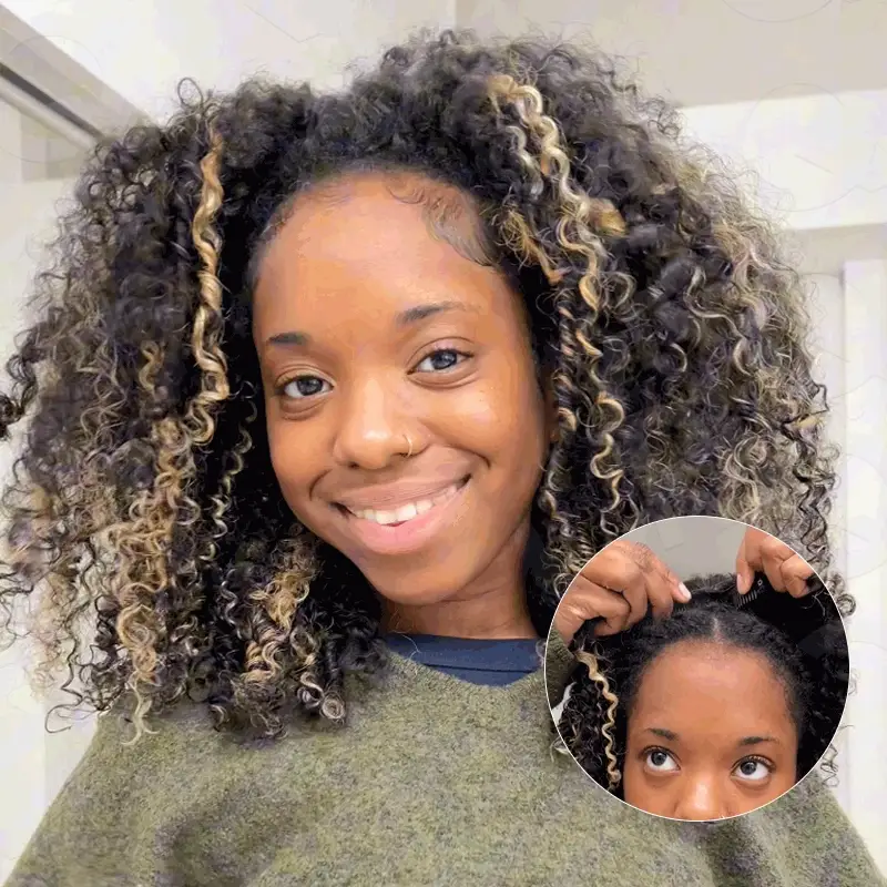 QVR Invisible Lace Edge Kinky Curly V Part Wigs Highlight #1B/27/613 No Leave Out Human Hair Wig - Image 4