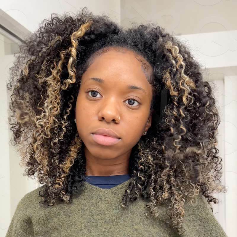 QVR Invisible Lace Edge Kinky Curly V Part Wigs Highlight #1B/27/613 No Leave Out Human Hair Wig - Image 5