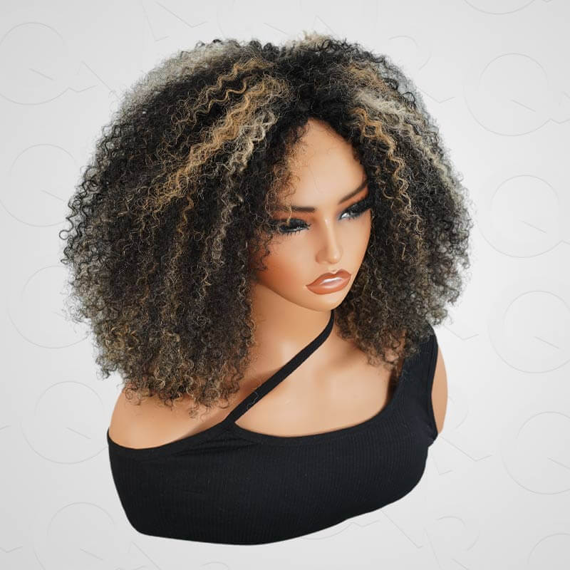 QVR Invisible Lace Edge Kinky Curly V Part Wigs Highlight #1B/27/613 No Leave Out Human Hair Wig - Image 7