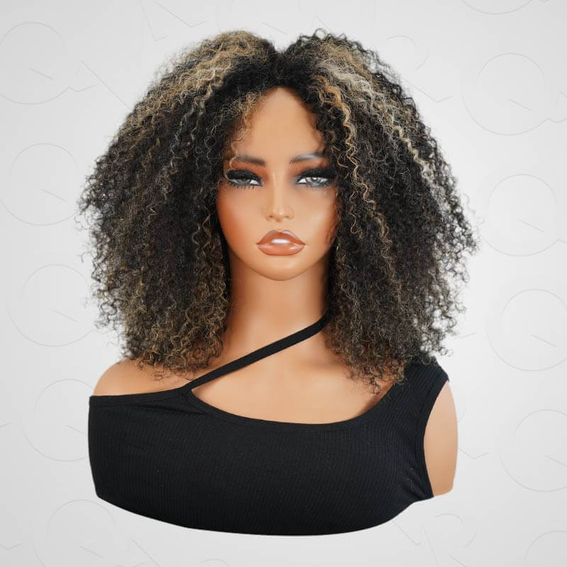 QVR Invisible Lace Edge Kinky Curly V Part Wigs Highlight #1B/27/613 No Leave Out Human Hair Wig - Image 8