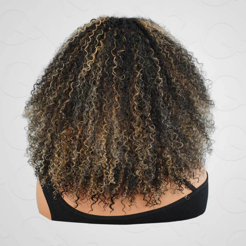 QVR Invisible Lace Edge Kinky Curly V Part Wigs Highlight #1B/27/613 No Leave Out Human Hair Wig - Image 9