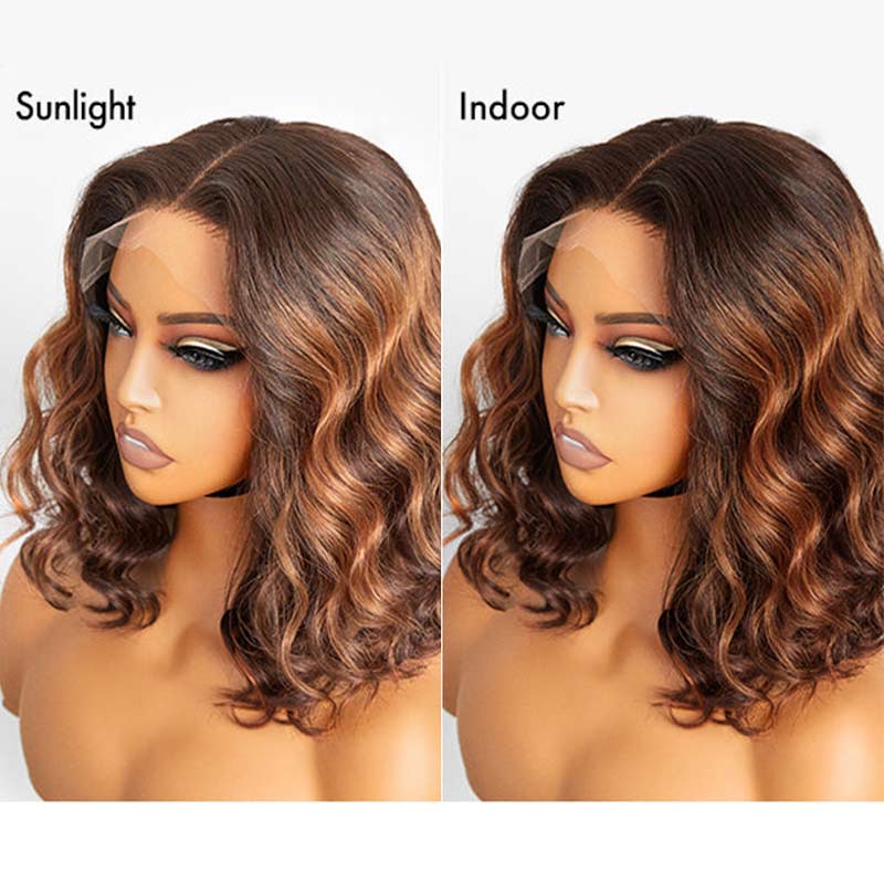 QVR Loose Wave 13x4x1 T part Lace Ombre Brown Human Hair Wigs Glueless Short Bob Wig - Image 3