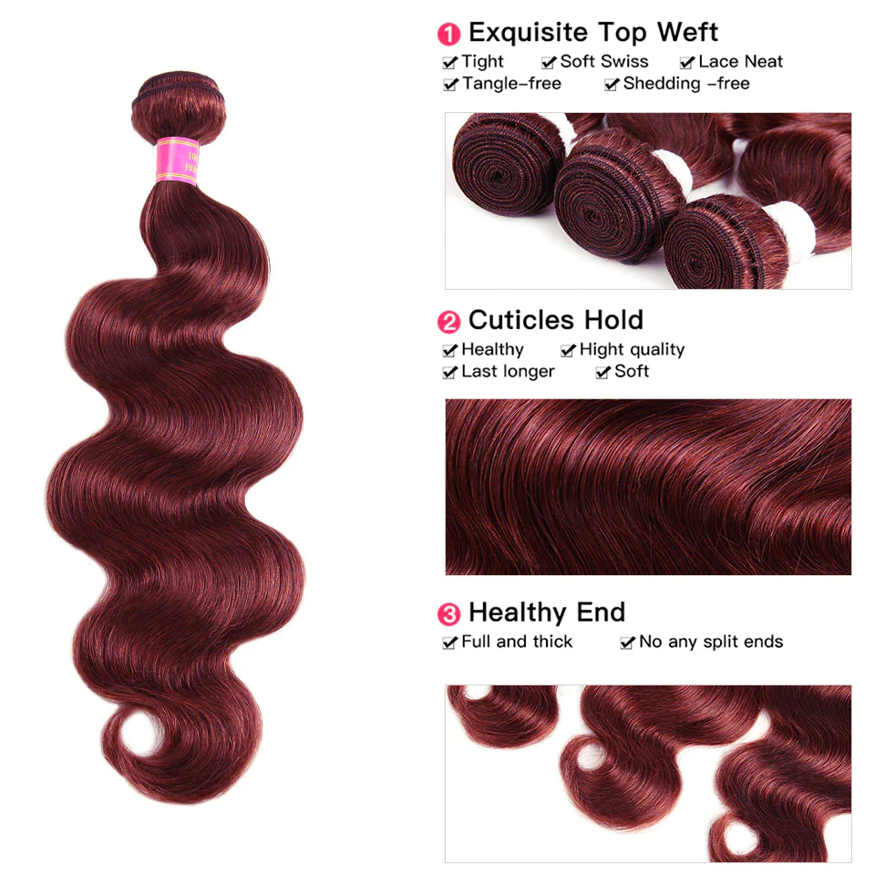 QVR Burgundy Bundles Body Wave Bundles 99J Red Colored Remy Human Hair Extensions Brazilian Weaving Remy Hair - Image 3