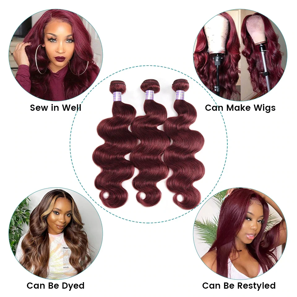QVR Burgundy Bundles Body Wave Bundles 99J Red Colored Remy Human Hair Extensions Brazilian Weaving Remy Hair - Image 4