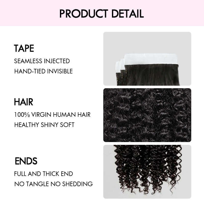 QVR Seamless Afro Kinky Curly Tape in Hair Extensions Natural Black Human Hair - Image 4