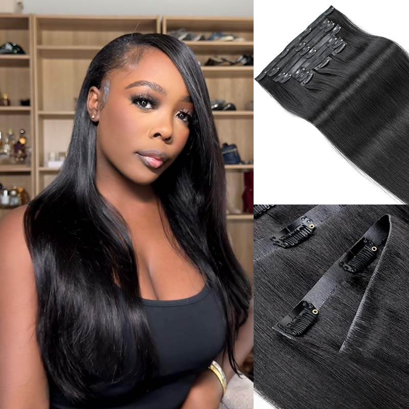 QVR Invisible 9PCS Weft Clip In Hair Extensions 5PCS Volumizer Natural Straight PU Clip In Human Hair - Image 15