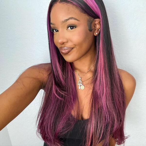Lace Front Wig Black Hair With Purple Highlights Straight/Body Wave Human Hair Wigs - Image 5