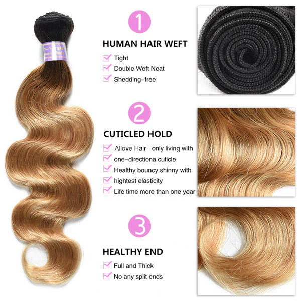 T1B/27 Honey Blonde Color Brazilian Body Wave Hair 3 Bundles With 4x4 Lace Closure Human Hair Weave - Image 3