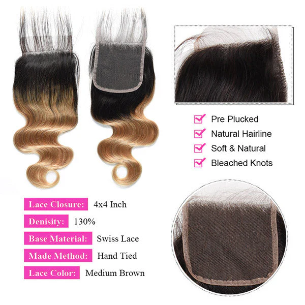 T1B/27 Honey Blonde Color Brazilian Body Wave Hair 3 Bundles With 4x4 Lace Closure Human Hair Weave - Image 4