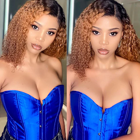 QVR Ombre 1B/30 Curly Brazilian Human Hair Wigs 13x4/4x4 Lace Frontal Short Bob Wig - Image 5